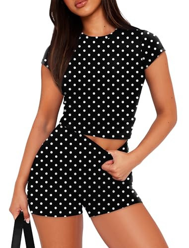 Sampeel 2 Piece Short Sleeve Casual Spring Summer Tops and Biker Shorts Sets Tight Workout Gym Pilates Outfits Athletic Matching Sets Athleisure Lounge Sets Trendy Polka Dot Set L | Amazon (US)