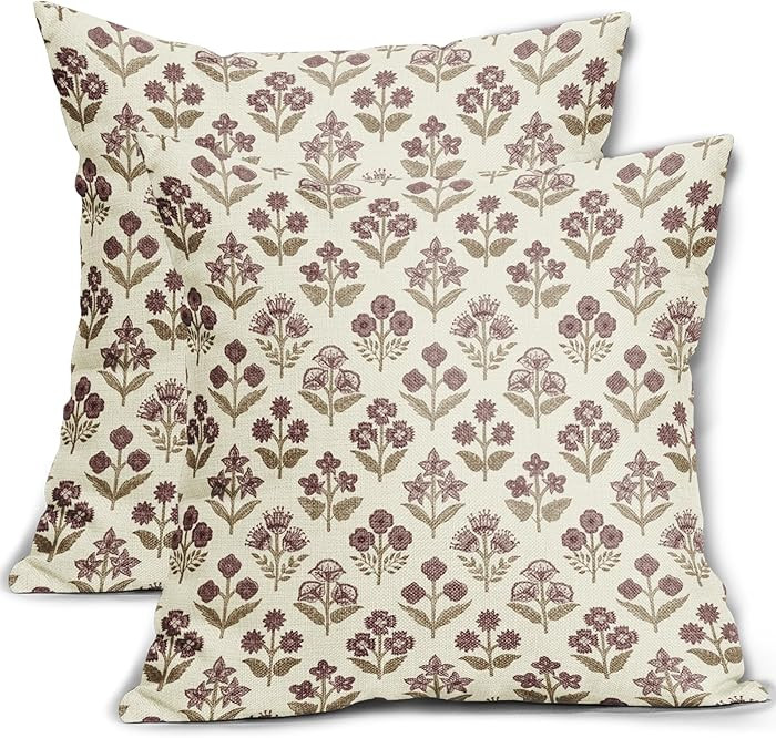 Brown Burgundy Red Floral Block Print Pillow Covers 18x18 Inch Set of 2, Vintage Flower Pattern D... | Amazon (US)