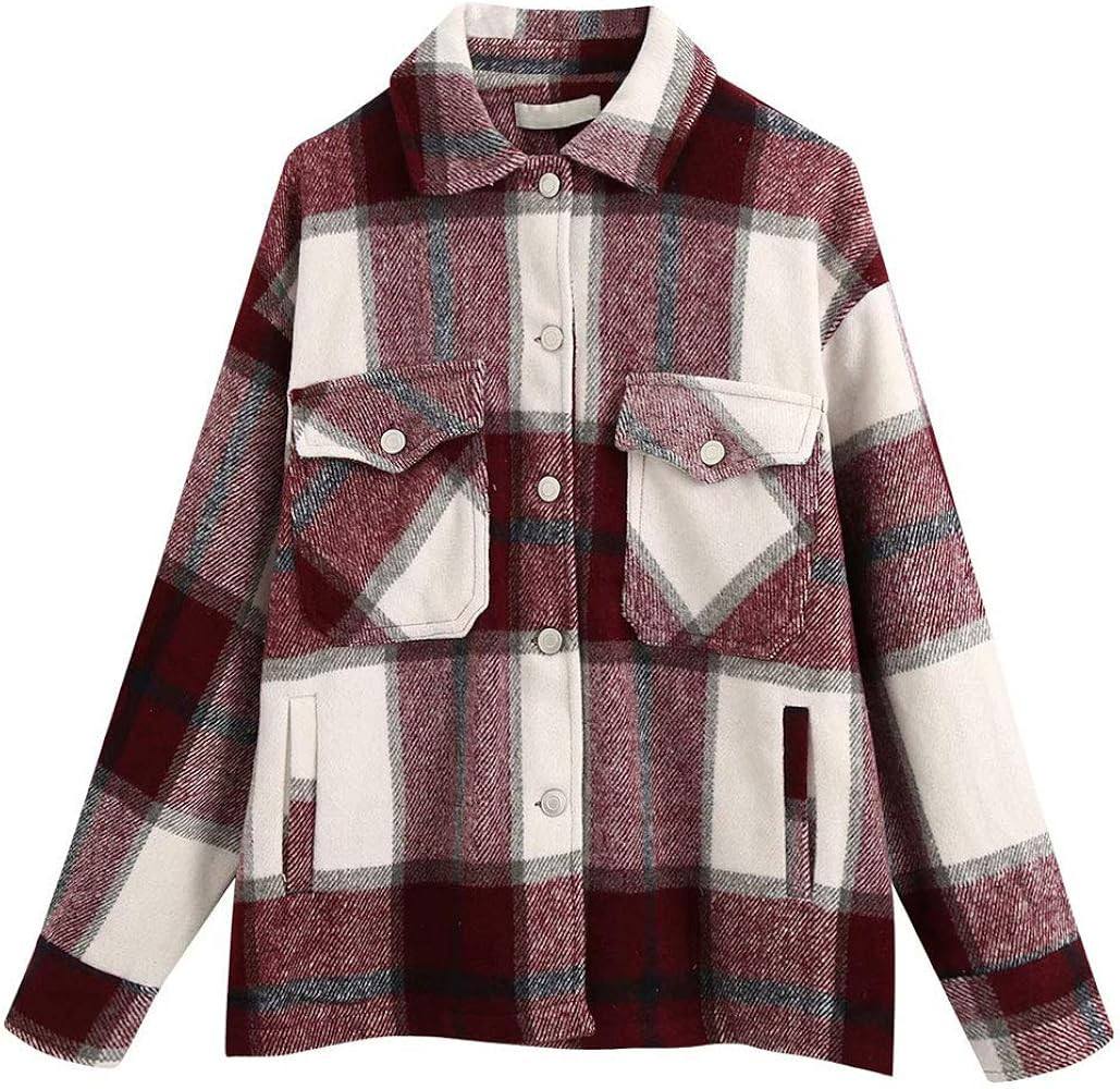 ebossy Women's Vintage Oversized Button Down Wool Blend Plaid Shirt Jacket Shacket | Amazon (US)