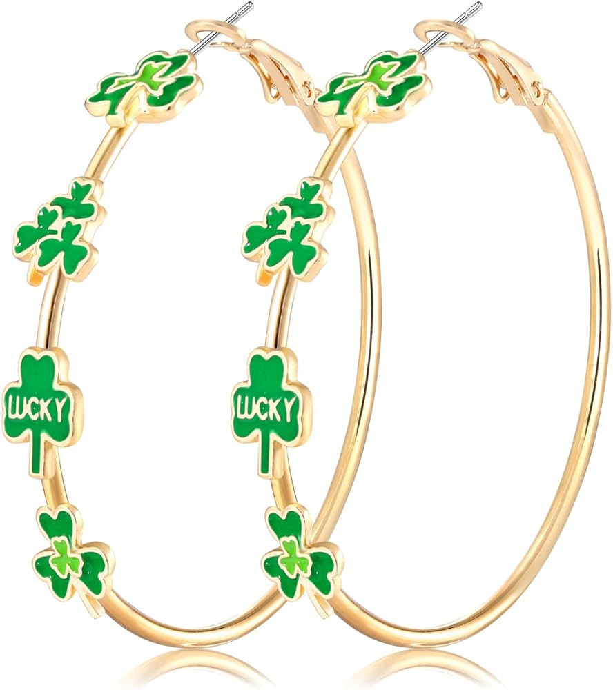 Holiday Hoop Earrings for Women Girl Glitter Festive Enamel Green Shamrock Charm Hoops for Mardi ... | Amazon (US)