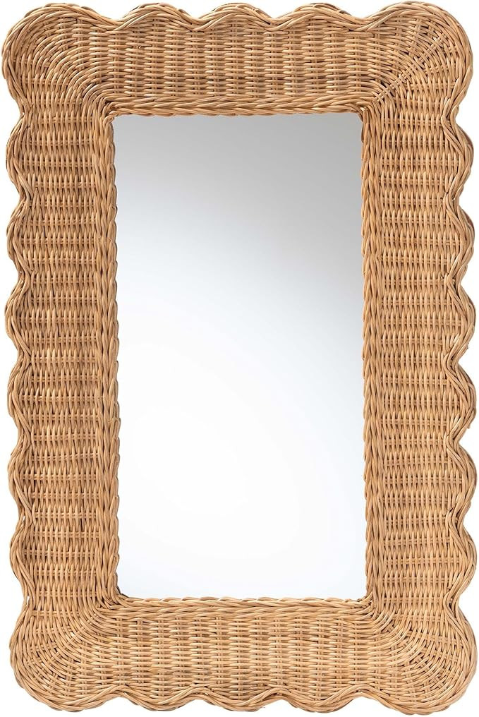 Bali & pari Makoto Scalloped Natural Rattan Wall Mirror - Handwoven Wicker Rectangle Frame, Boho ... | Amazon (US)