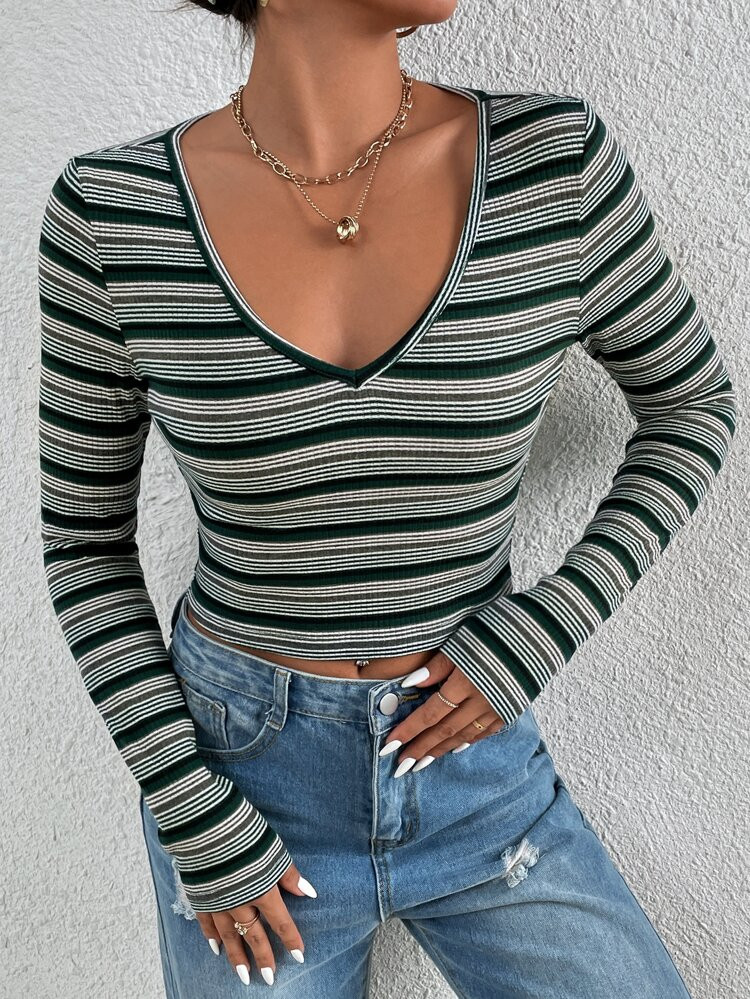 Striped Print V Neck T-Shirt | SHEIN