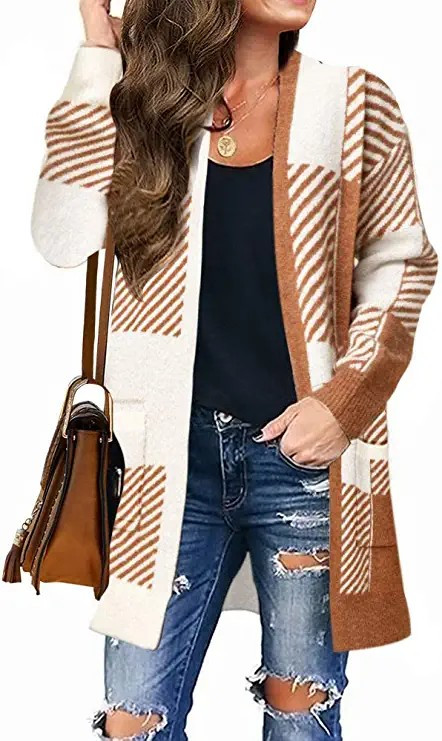 MEROKEETY Womens Plaid Long Sleeve Open Front Cardigan Pockets Knit Sweater Coat | Amazon (US)