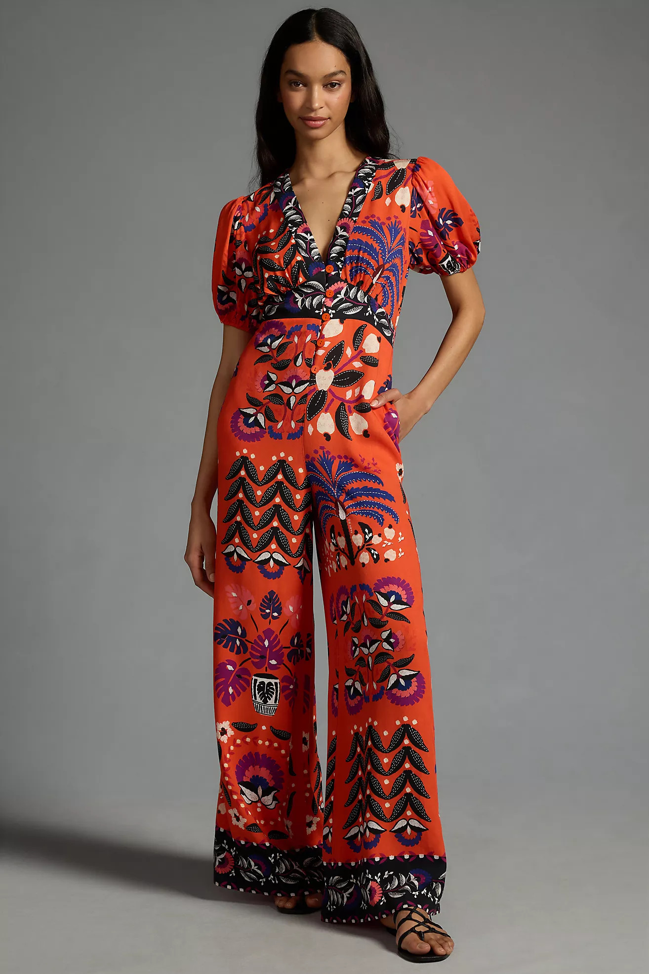 Farm Rio Printed Deep-V Puff-Sleeve Jumpsuit | Anthropologie (US)