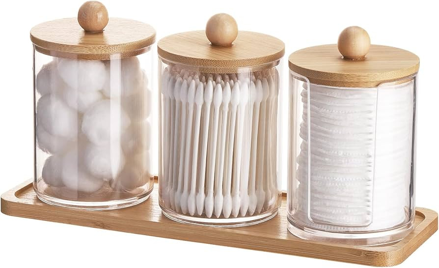 Tbestmax 10 oz Qtip Holder with Vanity Tray, 3 Pack Cotton Swab/Ball/Pad Dispenser Apothecary Jar... | Amazon (US)