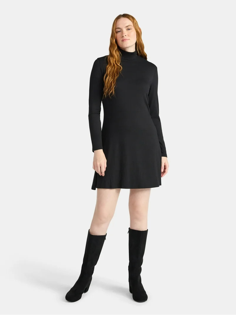 Time and Tru Women's Mock Neck Mini Dress with Long Sleeves, XS-XXXL | Walmart (US)