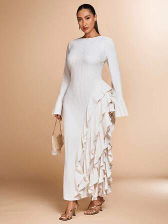 SHEIN BAE Plus Size Women's Flare Sleeve Long Sleeve Ruffle Hem Dress, Textured Dress For Autumn/Winter/Early Autumn/Back To School/Going Out /Festival Outfits Women/Autumnfall/Wedding Guest Dress Women Plus Size/Formal Dresses For Women/Dresses For Women Elegant/Summer Dresses /Birthday Dress/Homecoming Dress/Off Shoulder Dress/Halloween Costume/Club Outfits Women Sexy/Christmas/Plus Size Dresses/All White Dress | SHEIN