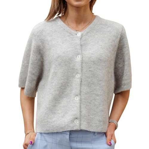 Women Knitted Button Down Short Sleeve Tops Y2K Solid Color Crew Neck Relaxed Sweater Cardigan Going Out Knit Tops (Gray, S) | Amazon (US)