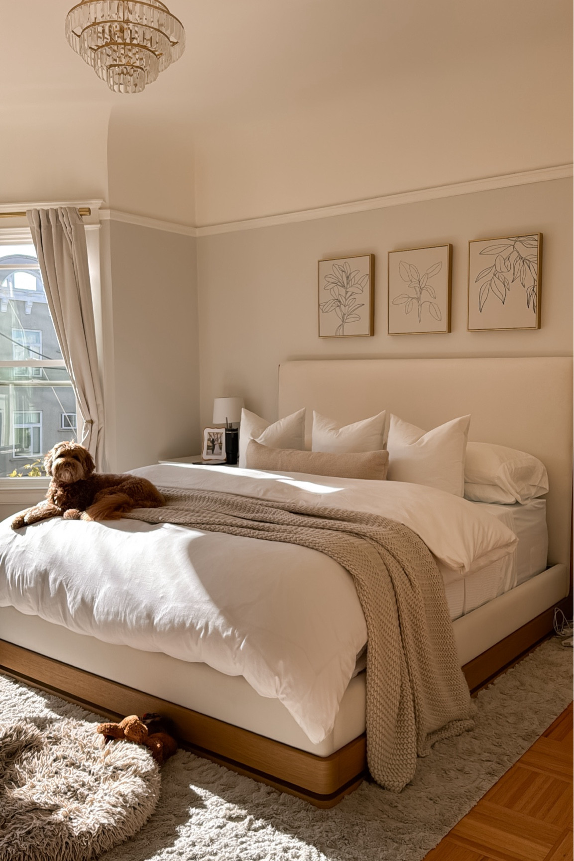 Bedroom details 

Bed frame is Restoration Hardware Ligne Panel bed in light oak and performance linen weave in natural 
Curtains - velvet curtain in Alabaster
Signature hemmed sheet in white
For pillows I do the 22x22 covers with 24x24 inserts to keep them fluffy
Full/Queen size throw in the color natural 
 