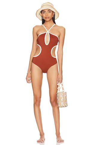 Johanna Ortiz Terracota Rough Sea One Piece in Kente Juniper from Revolve.com | Revolve Clothing (Global)