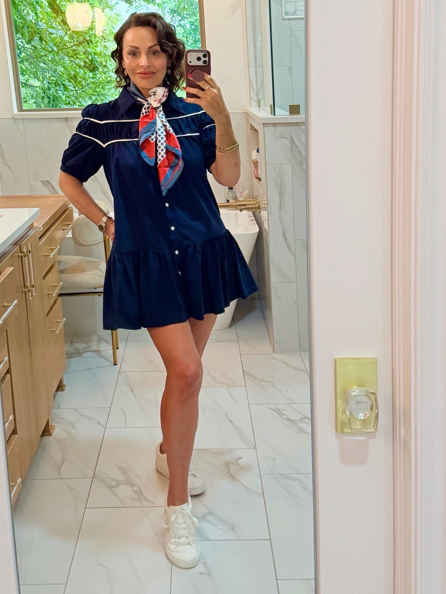 4th of July ready with this Amazon dress and Walmart scarf. Earrings from Target.