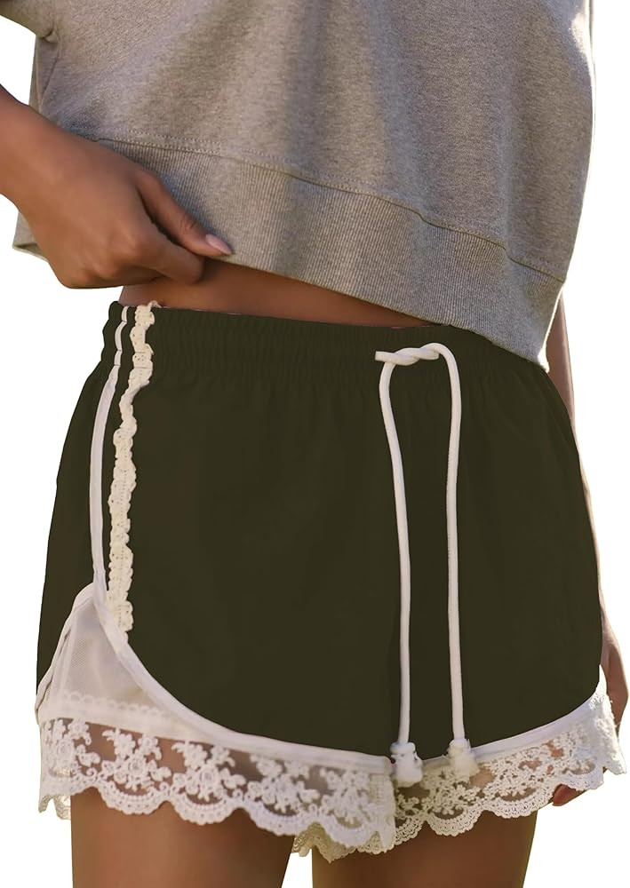 Womens Lace Trim Drawstring Shorts Casual Elasticated Summer Y2K Beach Bottoms Athletic Shorts | Amazon (US)