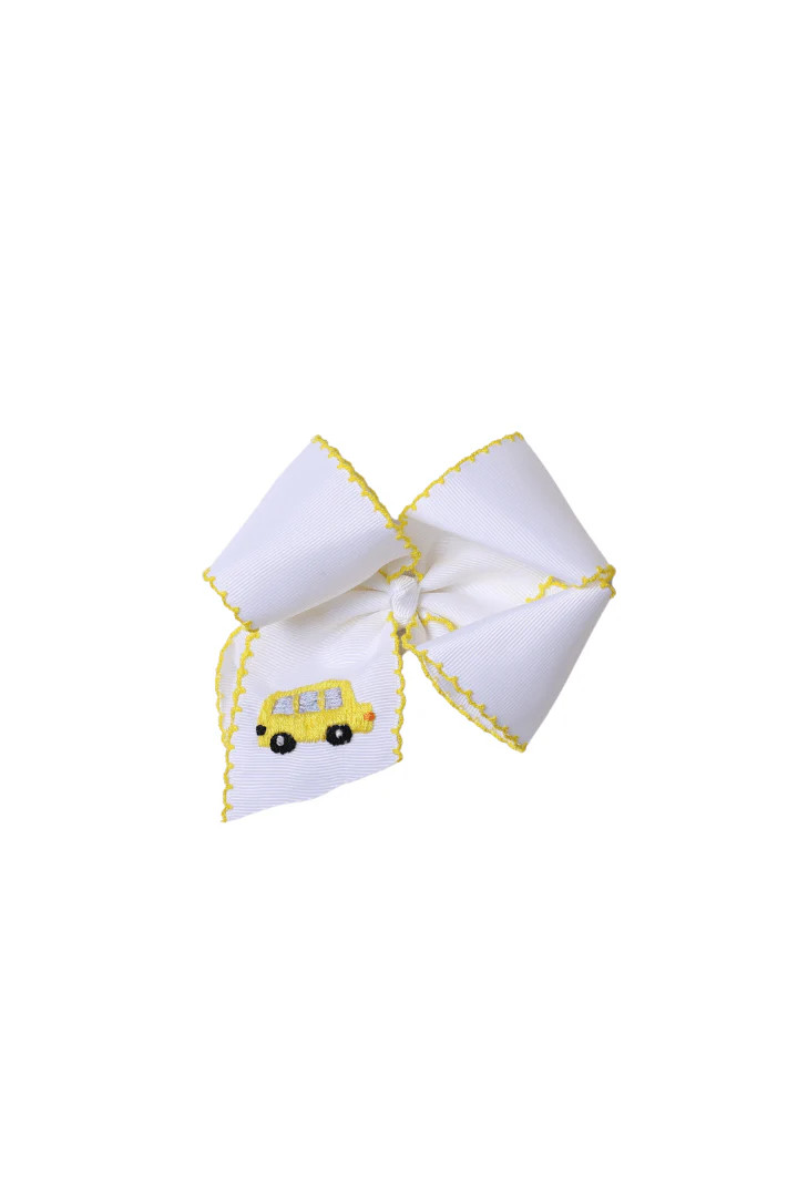 Scalloped Edge Grosgrain Bow with Embroidered Bus White/Yellow | The Smocked Flamingo