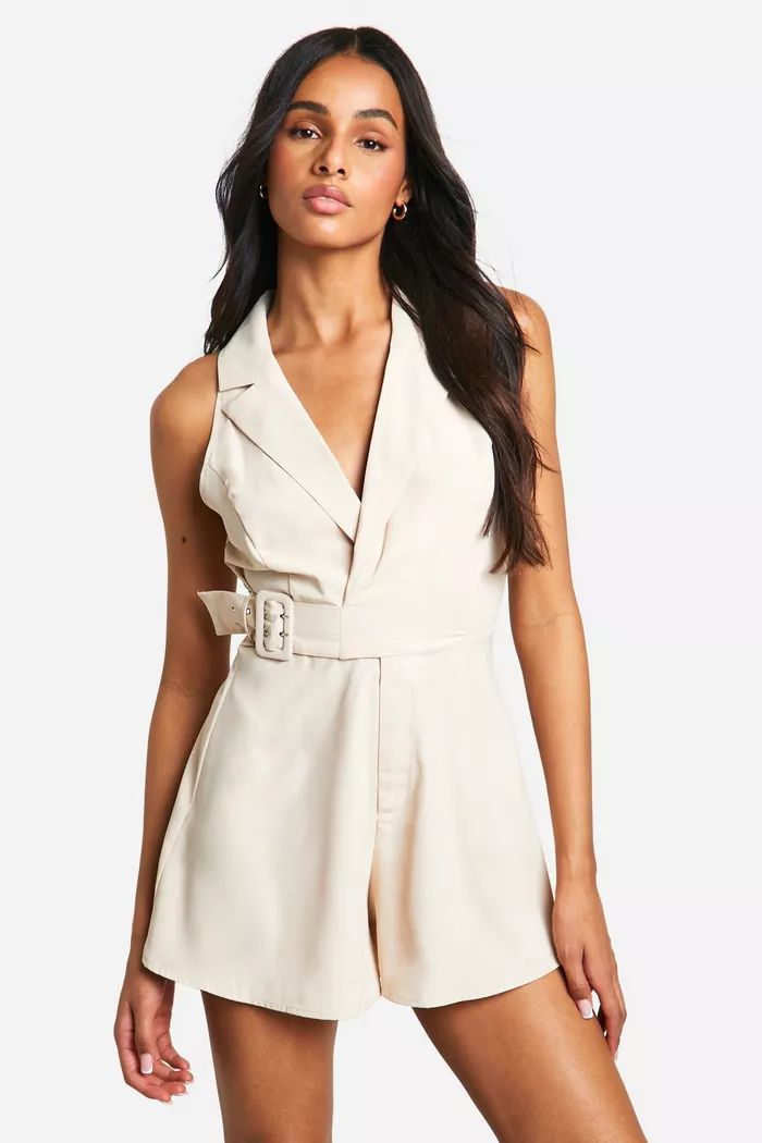 Tall Woven Collared Buckle Detail Romper | boohoo (US & Canada)