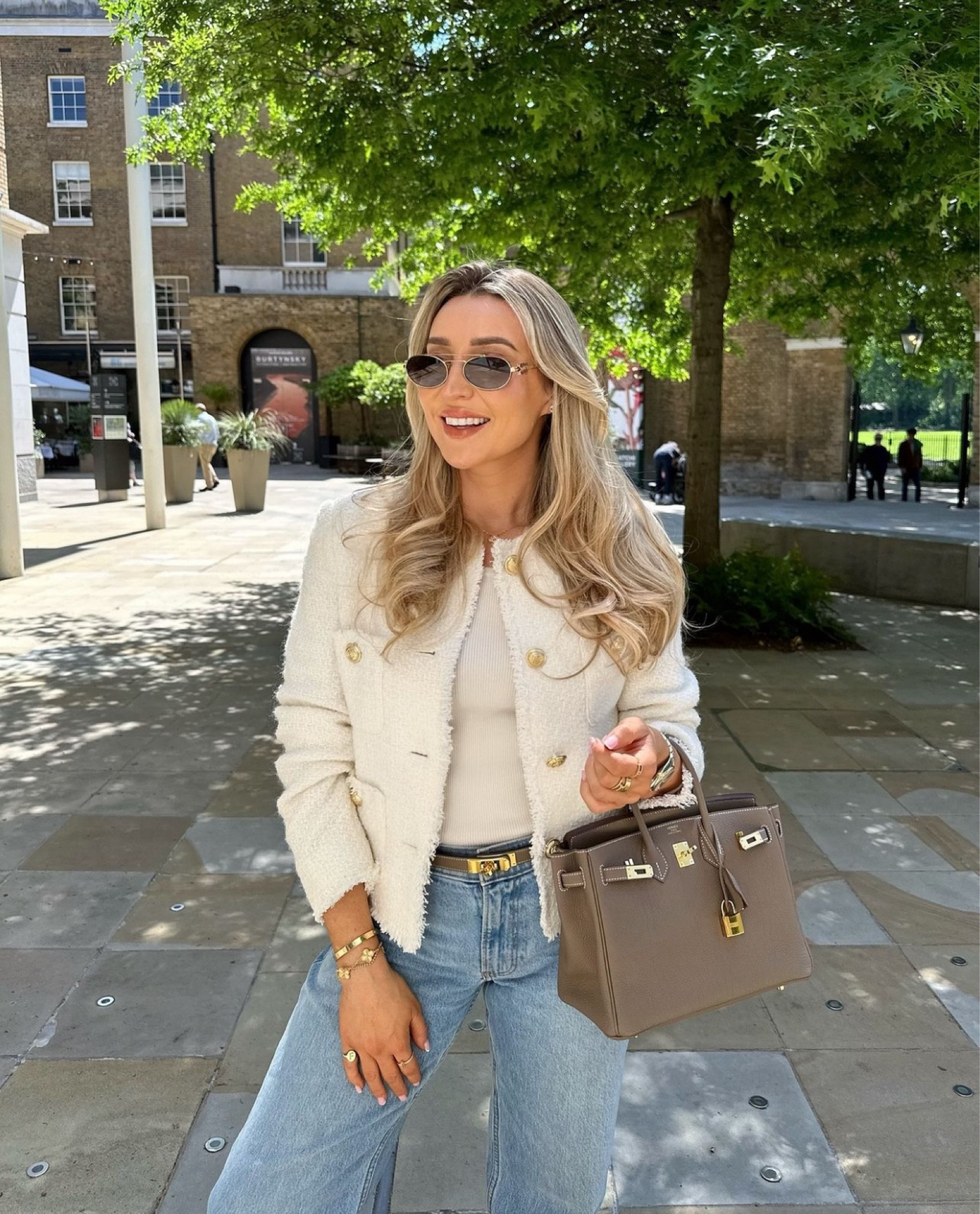The sun has returned ☀️ Neutral outfit for the weekend, styling a tweed collarless jacket from Mango with Abercrombie blue jeans, Hermes Etoupe accessories and gold Miu Miu sunglasses

#LTKsummer #LTKstyletip #LTKbag