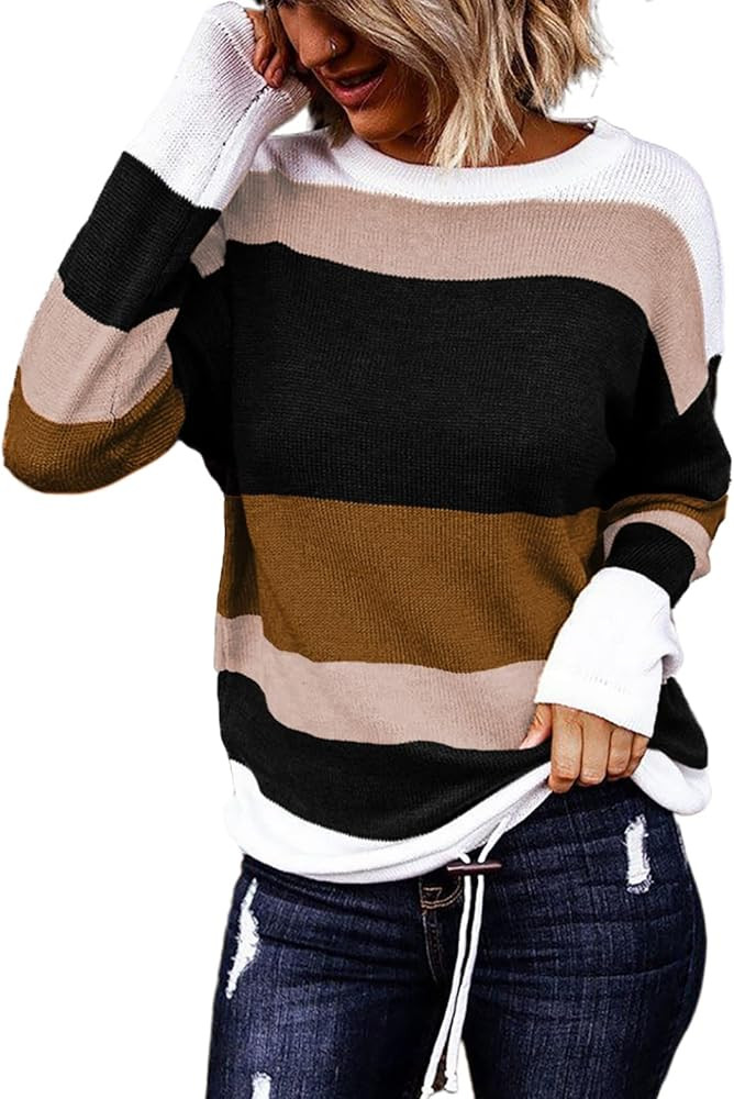 Dokotoo Fall Sweaters Round Neck Striped Cute Winter Pullover Sweaters for Women Trendy 2024 Draw... | Amazon (US)