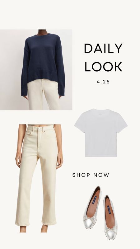 Daily Look 4.25 | White tee, navy sweater, ecru jeans, silver ballet flats. 

Spring outfit
Spring style 
Minimal style
Neutral outfits
Casual chic 
Mom outfits 



#LTKstyletip #LTKshoecrush #LTKworkwear
