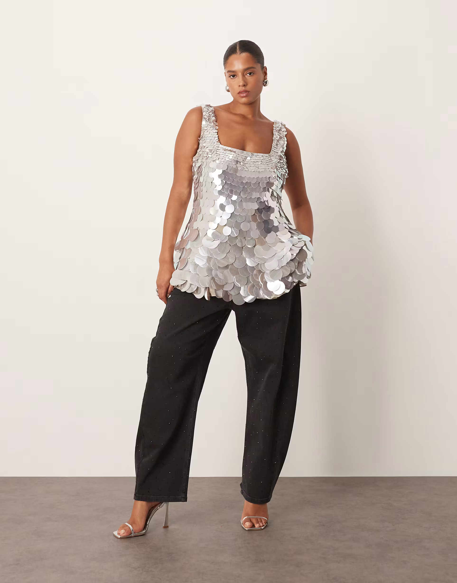 ARRANGE Curve embellished disc sequin square neck top | ASOS (Global)