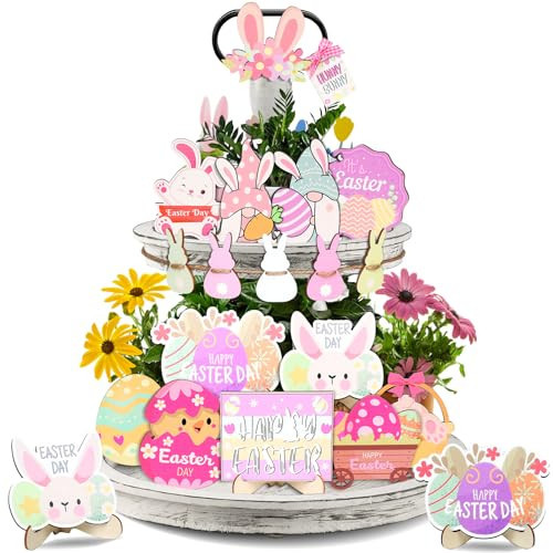 21 PCS Easter Tiered Tray Decorations Set, Tiered Tray Decor 3D Easter Wood Signs Wooden Decorative Trays Farmhouse Rustic Tiered Tray for Home Farmhouse Kitchen Decorations | Amazon (US)