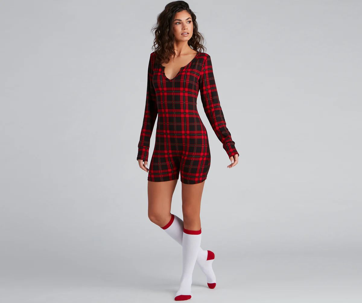 Plaid Pajama Romper And Socks Set | Windsor Stores