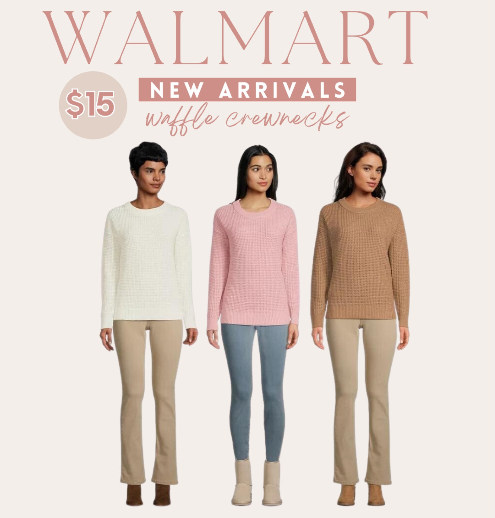 Walmart crewneck sweaters 
Waffle knit long sleeve tops

#LTKmidsize #LTKfindsunder50 #LTKSeasonal