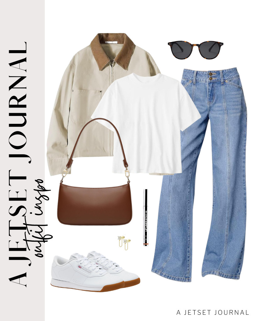 If you appreciate style and functionality, consider wearing a lightweight barn jacket in a light beige and brown combination over a simple white T-shirt and wide-leg jeans. To balance the rugged look, pair it with Reebok Princess Sneakers and a shoulder bag. Complete the outfit with SOJOS polarized sunglasses. 

 #LTKSeasonal #LTKSaleAlert #LTKTravel