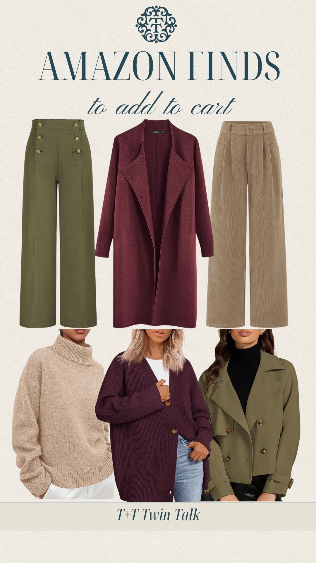 Amazon finds to add to cart that are under $50! Looking to refresh your closet with fall staples? We found exactly what you need! Olive green trousers, high neck cream sweaters, and a wine colored long jacket all under $50.

#LTKFindsUnder50 #LTKSeasonal #LTKOver40