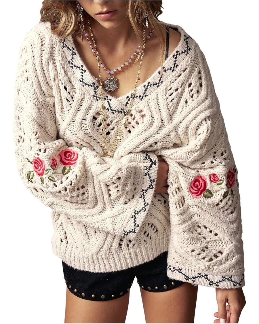 SHENHE Women's Boho Oversized Knit Sweater Openwork Floral Embroidery Long Sleeve Casual Top | Amazon (US)