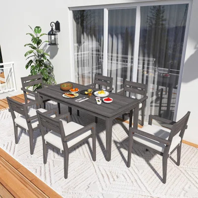 7-Piece Acacia Wood Outdoor Dining Set With Cushions,6 Chairs And 1 Large Table, Patio Dining Furniture Set For Lawn, Backyard, Garden Deck,Poolside | Wayfair North America