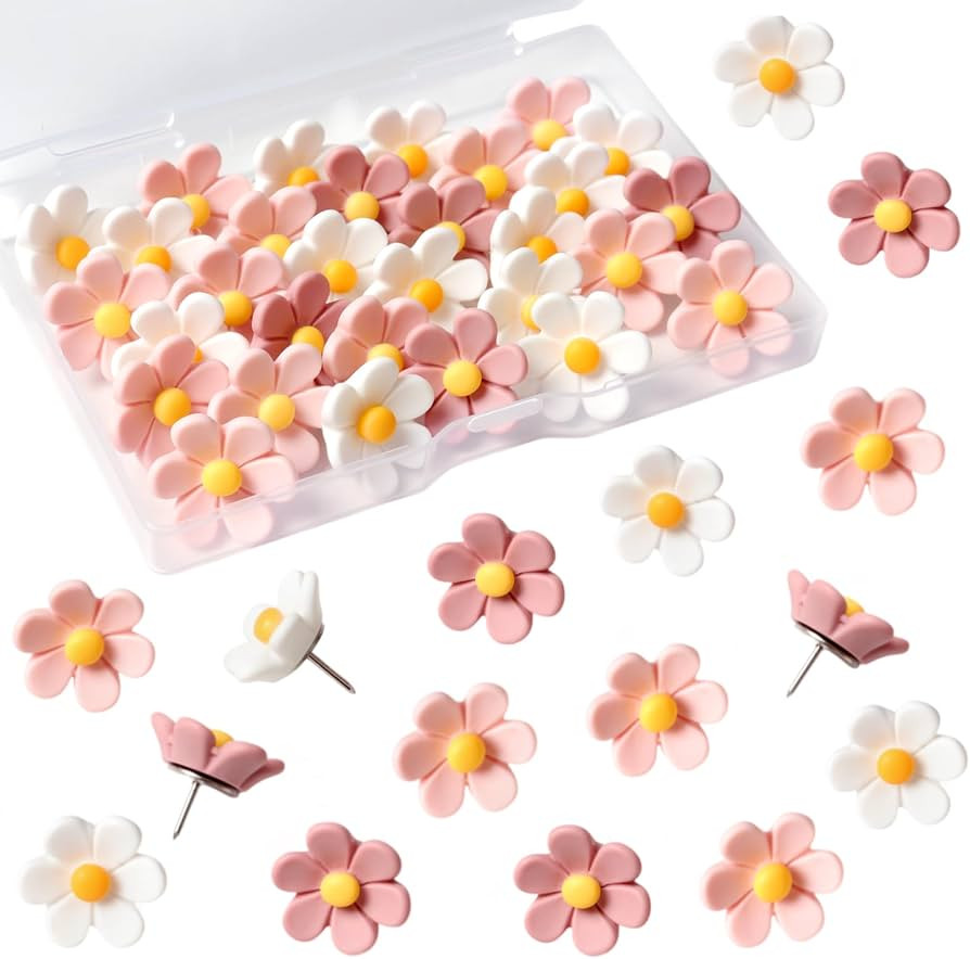 30Pcs Decorative Flower Push Pins with Box, 3 Colors Floral Thumb Tacks, Cute Pushpins for Bullet... | Amazon (US)