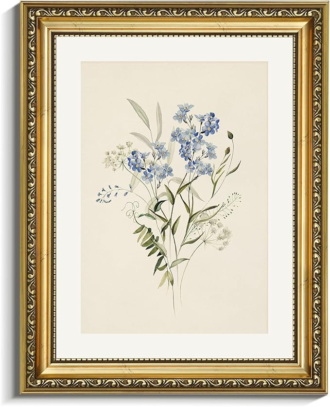 VIYYIEA Gold Framed Botanical Wall Art Decor, 11x14 Inches, Vintage Blue Wildflower Floral Canvas... | Amazon (US)