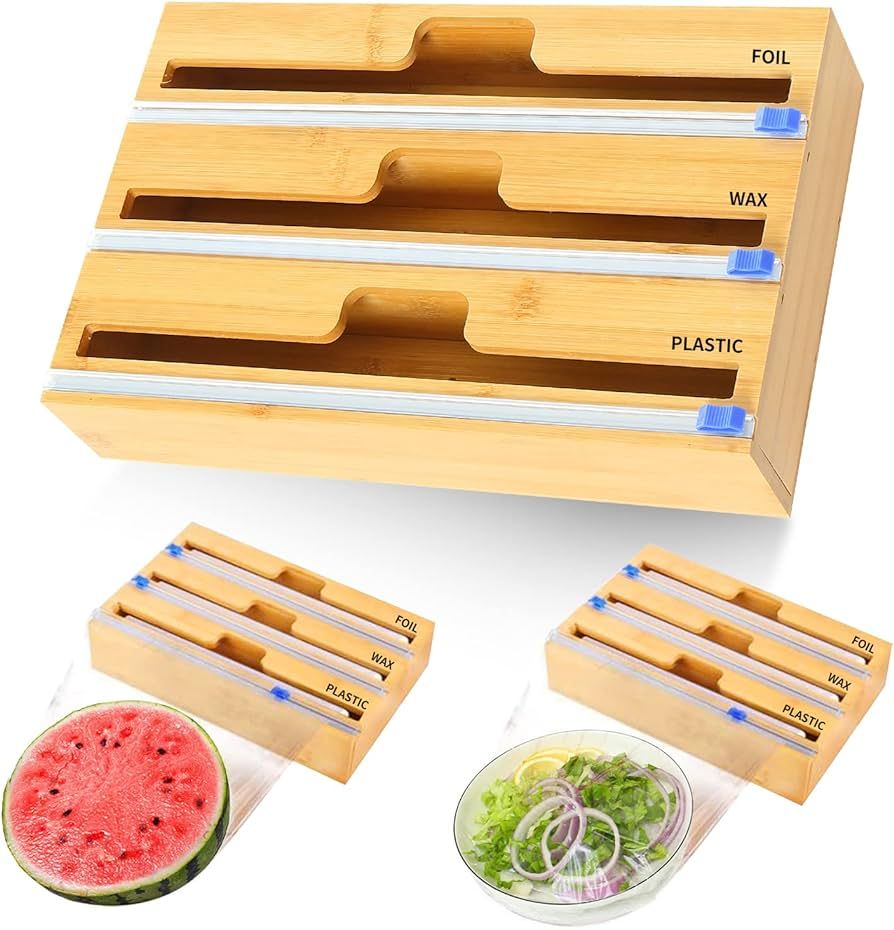 XULIANYI 3 in 1 Bamboo Plastic Wrap Dispenser with Slide Cutter ,Foil and Plastic Wrap Organizer,... | Amazon (US)