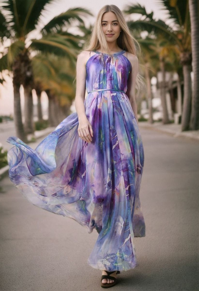Floral Watercolor Maxi Slip Dress in Violet | Chicwish