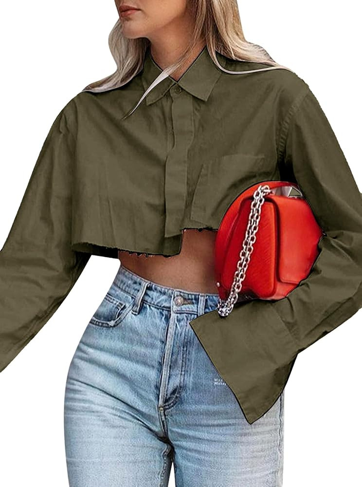 Remidoo Women's Asymmetrical Hem Long Sleeve Button Up Shirt Crop Top Blouse | Amazon (US)