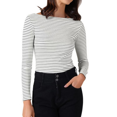 INSPIRE CHIC Women's Striped Long Sleeve Boat Neck Stretchy 2025 Casual Basic Tee Shirt White Large | Target