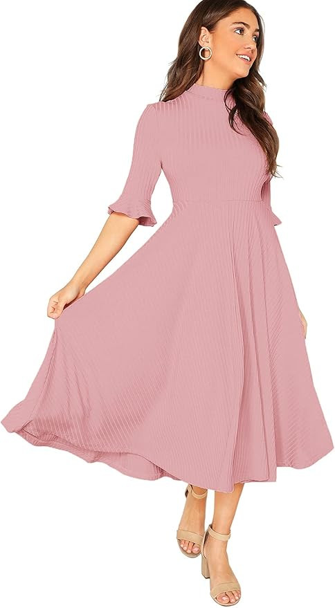Verdusa Women's Elegant Ribbed Knit Bell Sleeve Fit and Flare Midi Dress | Amazon (US)