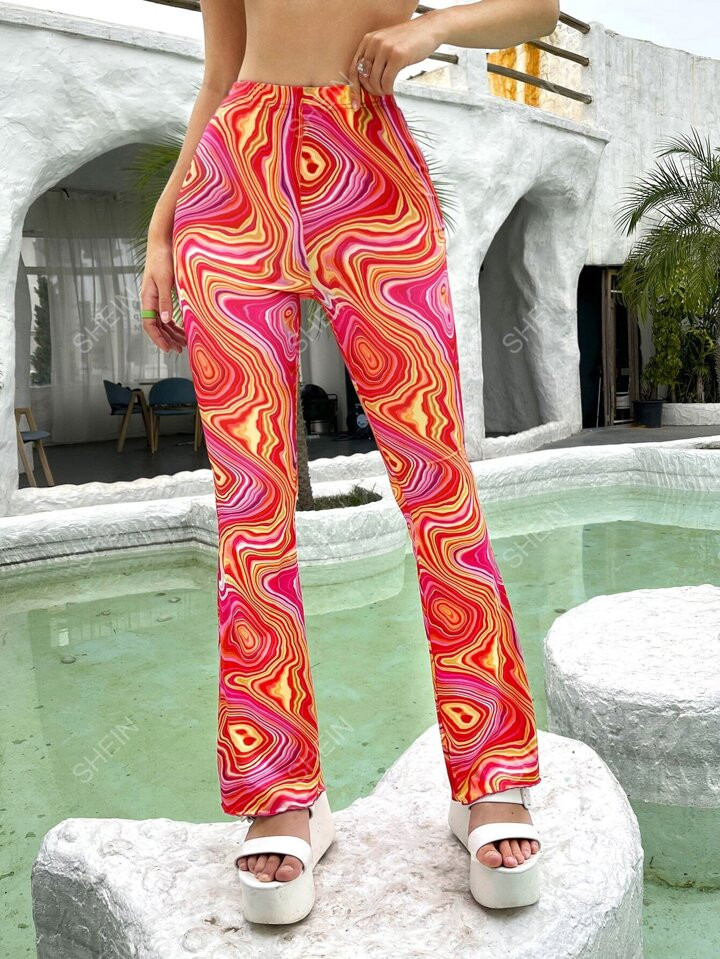 SHEIN WYWH Marble Print Boot-cut Leg Pants | SHEIN