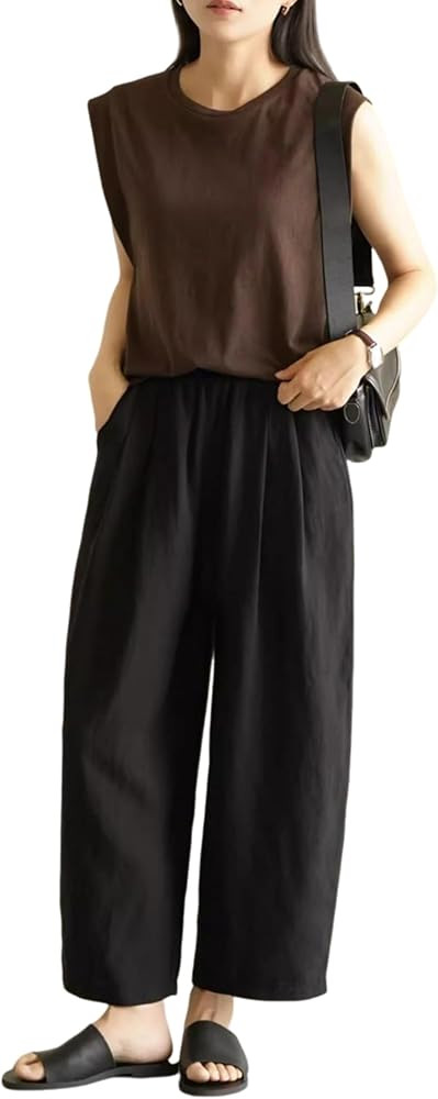 Yeokou Womens Linen Pants Summer Casual Capris Cropped Wide Leg Beach Trousers with Pockets | Amazon (US)