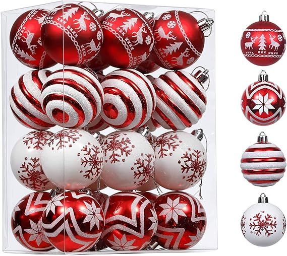 Valery Madelyn 24ct 60mm Traditional Red and White Christmas Ornaments, Shatterproof Christmas Ba... | Amazon (US)