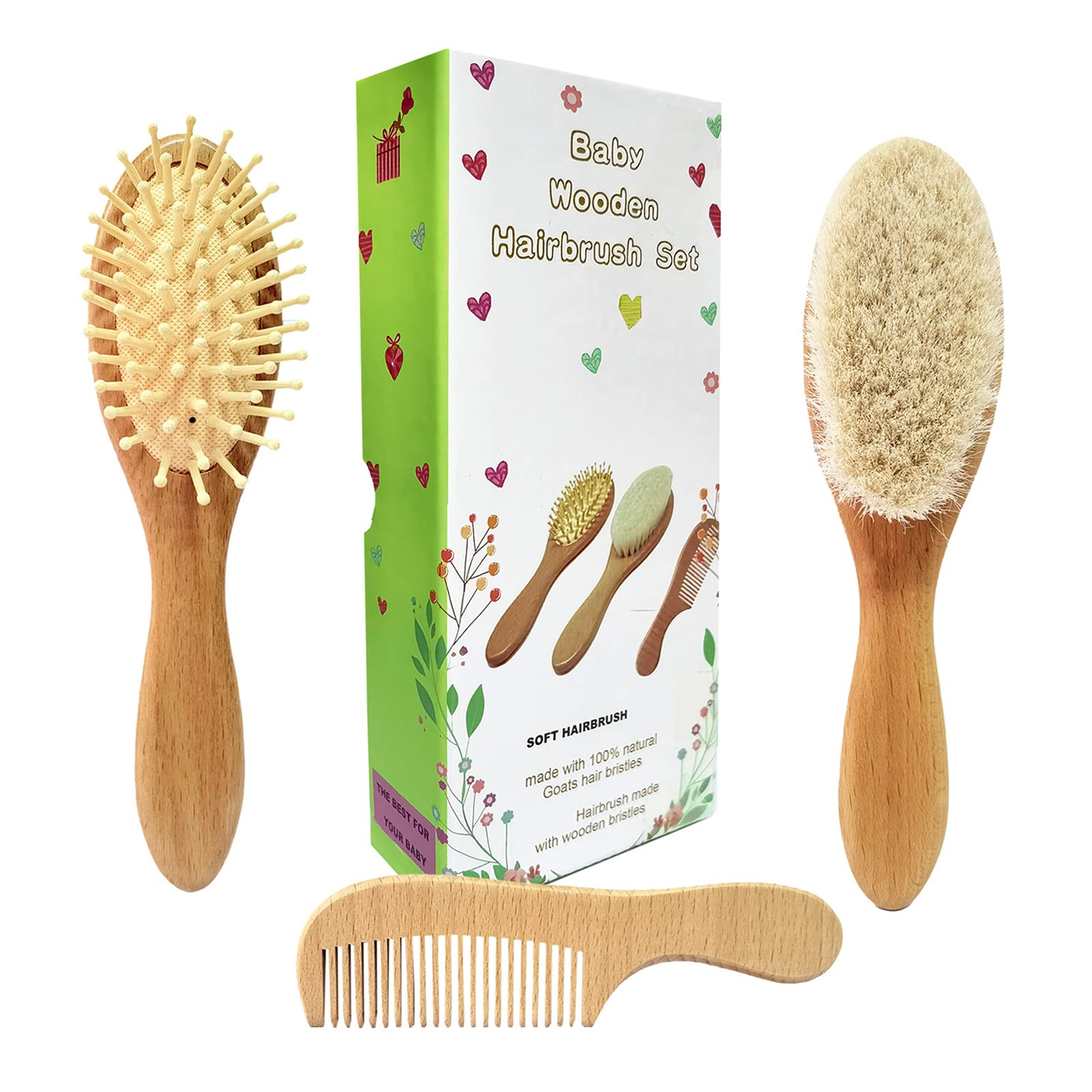 3 Piece Baby Hair Brush and Comb Set for Newborn & Toddlers- Natural Wooden Hairbrush with Soft G... | Amazon (US)