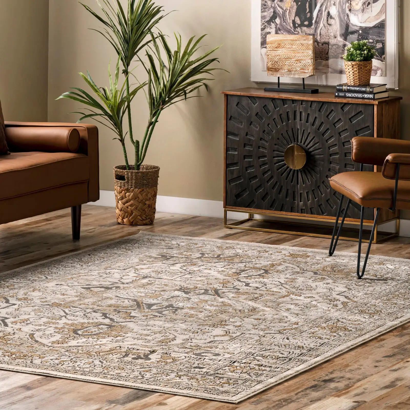 Bordered Medallion Rug | Beige | Rugs USA