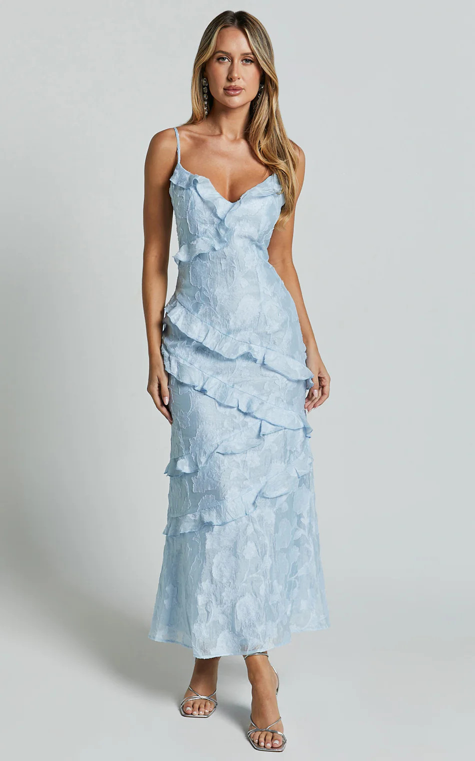 Michaela Midi Dress - Jacquard Ruffle Detail Tiered Dress in Light Blue | Showpo (US, UK & Europe)
