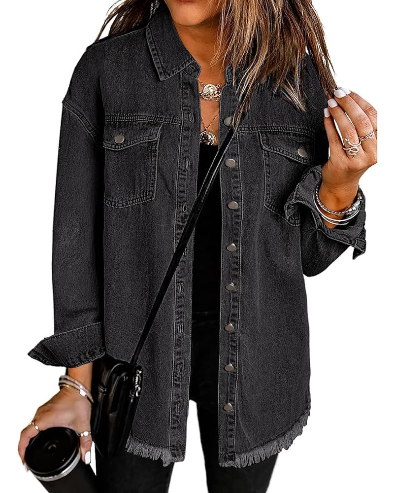 Vetinee Women’s Oversized Button Up Frayed Hem Shacket Long Sleeve Pockets Denim Jean Jacket | Amazon (US)
