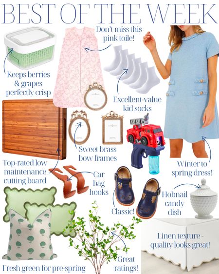 green scalloped pillows | block print | girl's dress shoes | scalloped bed skirt | faux branches | light blue tweed dress | grandmillennial | produce keeper | candy dish | brass bow frames | pink toile | preppy dress | hobnail | gold bow | kid socks | spring pillows

#LTKbeauty #LTKhome #LTKMostLoved