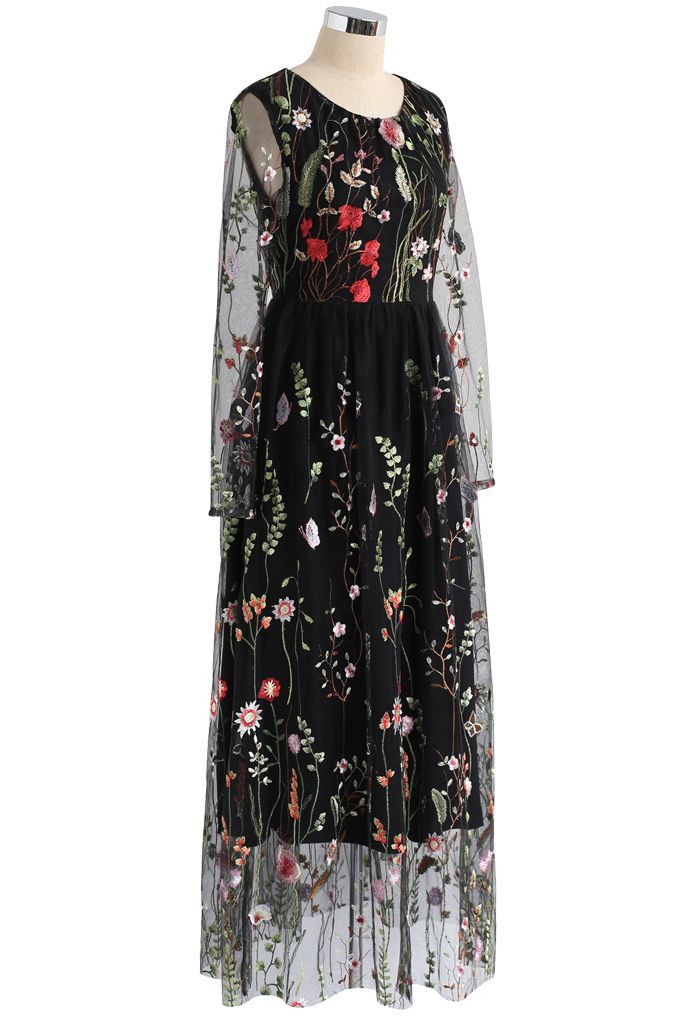 Lost in Flowering Fields Embroidered Mesh Maxi Dress in Black | Chicwish