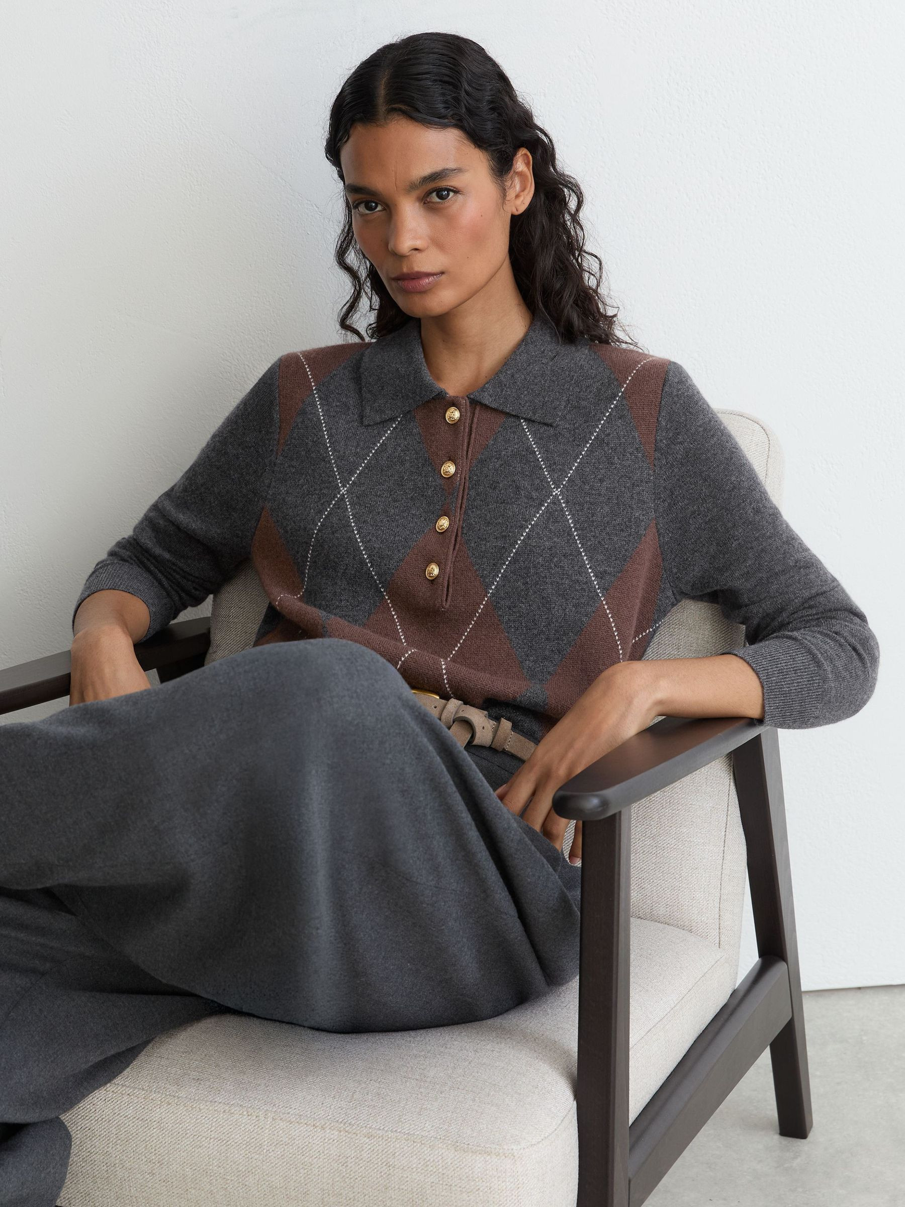 Reiss Wool-Cashmere Argyle-Knit Polo Jumper in Charcoal Grey - REISS | Reiss UK