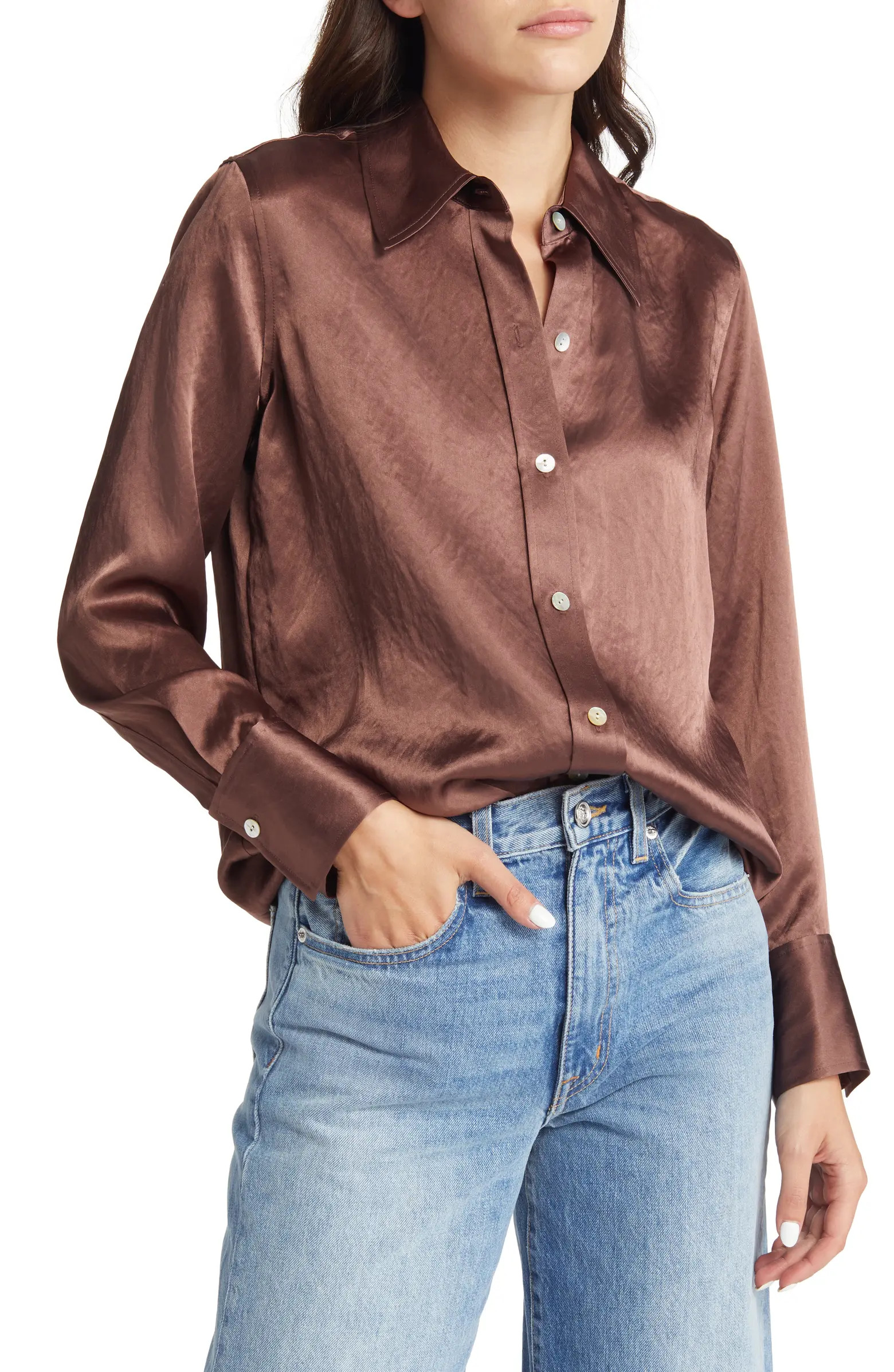 Andrea Textured Satin Button-Up Shirt | Nordstrom