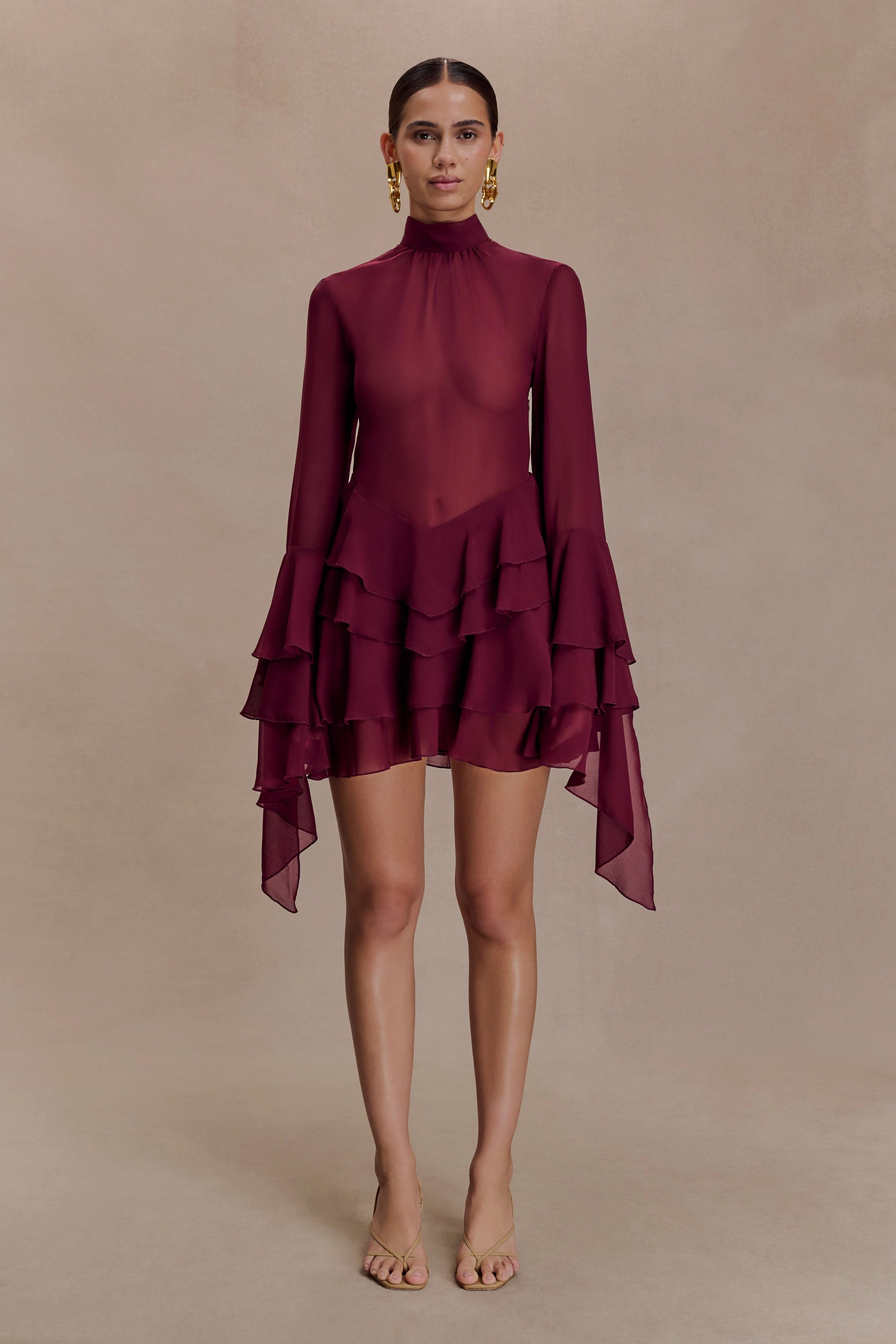Nimah Chiffon Ruffle Mini Dress - Wine | Meshki UK