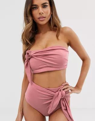 ASOS DESIGN fuller bust exclusive supportive bandeau bikini top with bow detail in shiny mink dd-... | ASOS (Global)