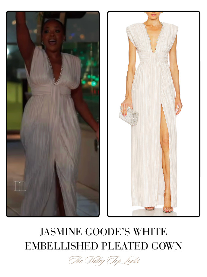 Jasmine Goode's White Embellished Pleated Maxi Dress  

 